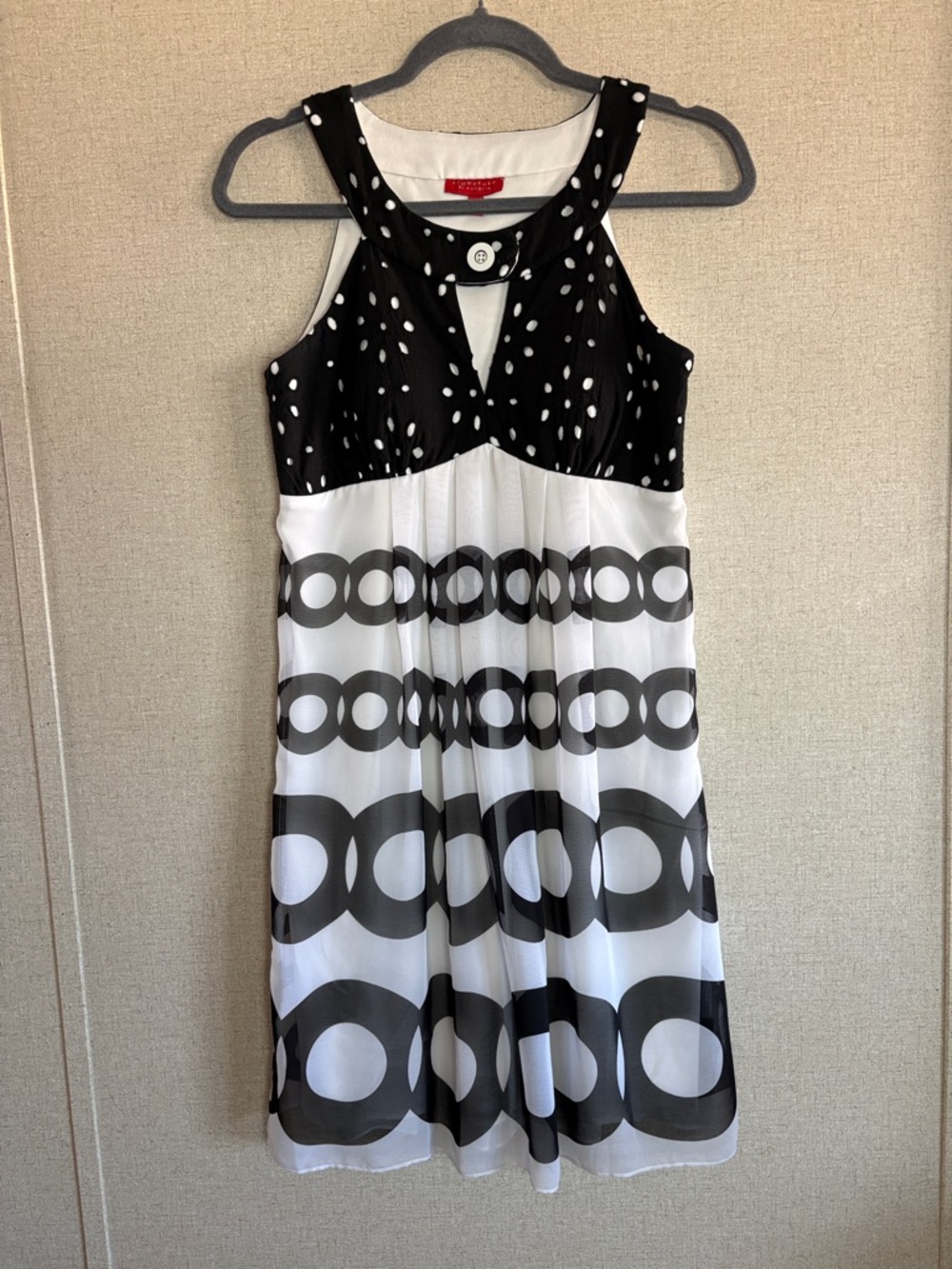 Signature by Sangria Black White Polka Dot Dress Sz 4 A-Line Midi Retro Pin Up